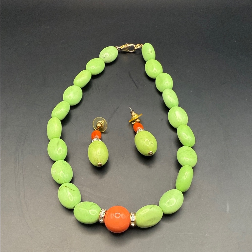 Green and Orange Beaded Necklace and Earring Set